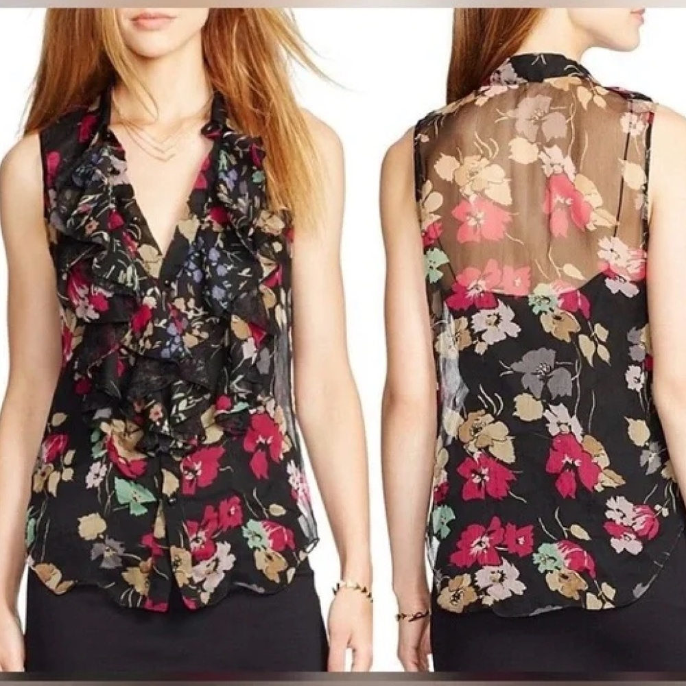 Stunning Ralph Lauren Sleeveless Ruffle Floral Chiffon Blouse I  Sz 6